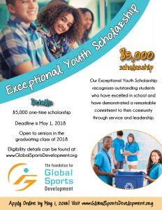 Flyer announcing 2018 Exceptional Youth Scholarship featuring images of youth in school and doing community service. 
