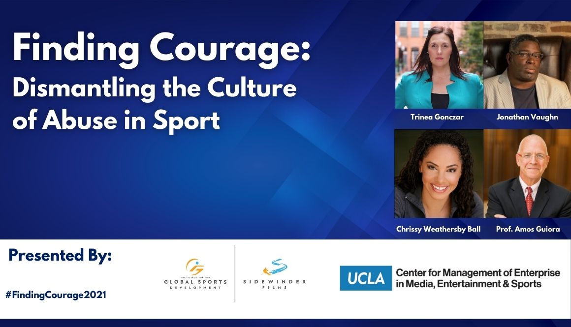 Finding Courage: Dismantling the Culture of Abuse in Sport image with headshots of 4 guest speakers
